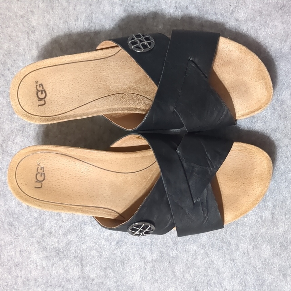 UGG Lyra Cross Cork Wedge Black Leather Sandals Size 8 - Picture 7 of 11